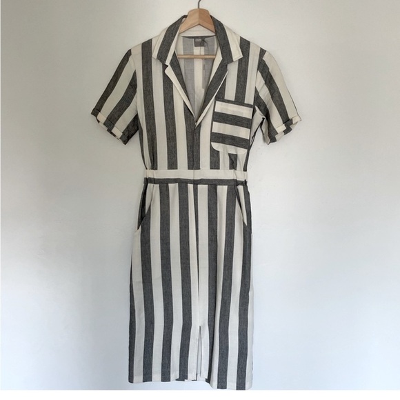ASOS Midi Shirt Dress Size 2 Gray Ivory Stripe Cotton | V-Neck Pencil Workwear - Picture 2 of 11